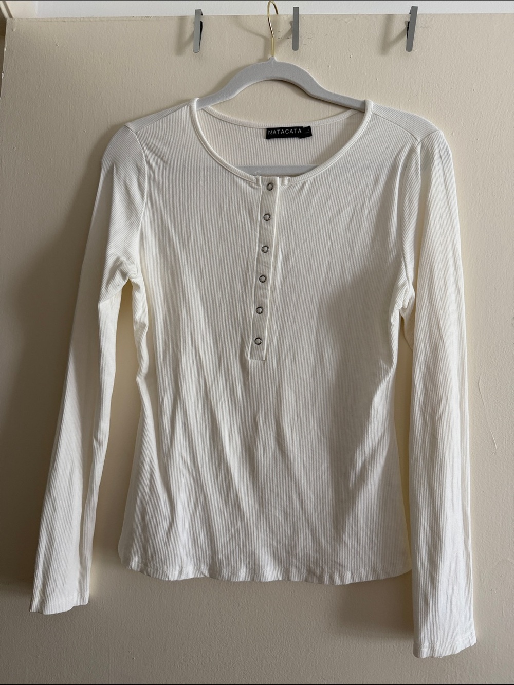 Women's Cream Long-Sleeve Henley Ribbed Top